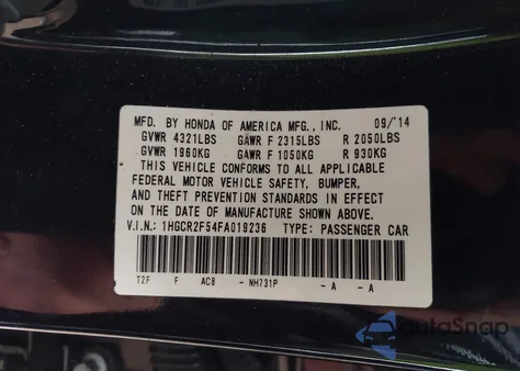 2015 Honda Accord Sport from USA, damaged, VIN 1HGCR2F54FA019236